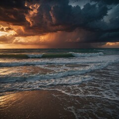 A beach during a dramatic sunset with storm clouds.