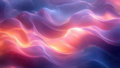 Fototapeta premium Abstract wavy patterns of glowing particles, vibrant colors including pink, purple, orange, and blue, creating a dynamic and ethereal effect
