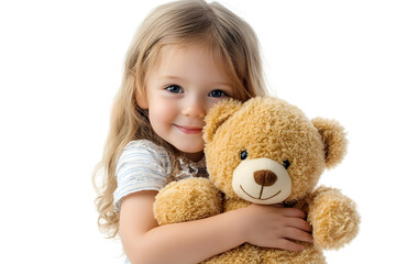 A little girl hugging a cute teddy bear Isolated on white background.