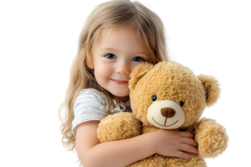 A little girl hugging a cute teddy bear Isolated on white background.
