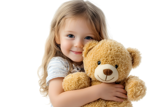 A little girl hugging a cute teddy bear Isolated on white background. - Powered by Adobe