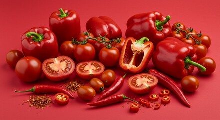 Group of red vegetables isolated on red background