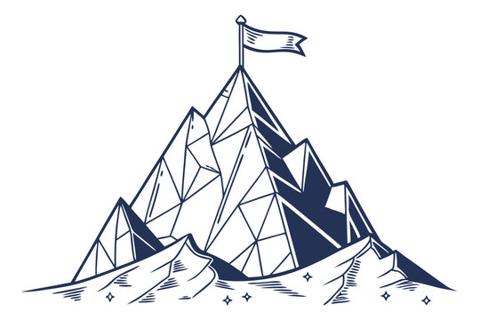  A digital illustration of a mountain peak with a flag at the top, rendered in a geometric, low-poly style with sharp angles and a limited color palette of blues and whites. The mountain has a trian