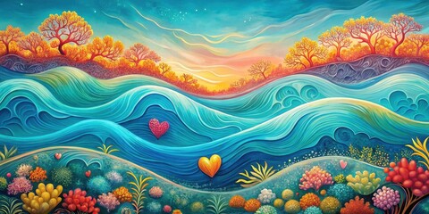 Fototapeta premium Serene Dreamscape of Rolling Waves, Autumnal Trees, and Vibrant Coral Reefs, Adorned with Hearts