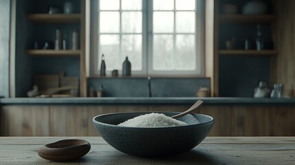 Bowl of rice on wooden table in cozy kitchen by window