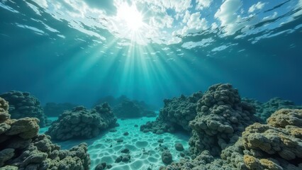 Fototapeta premium Sunlight streaming through clear ocean water over a bleached coral reef slope 