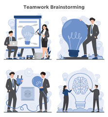 Set of team brainstorming concept idea generation, and creative inspiration business project teamwork