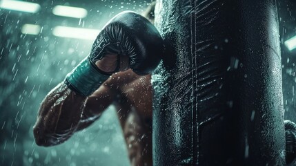 Boxer training on punching bag in rainy gym