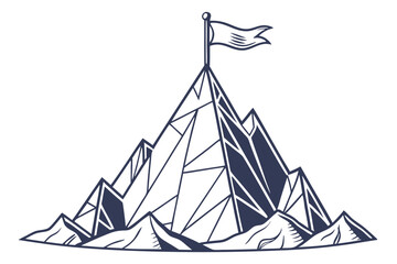 A digital illustration of a mountain peak with a flag at the top, rendered in a geometric, low-poly style with sharp angles and a limited color palette of blues and whites. The mountain has a trian