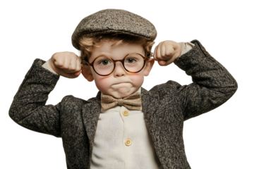 Funny and innocent boy showing off his muscles Isolated on white background.
