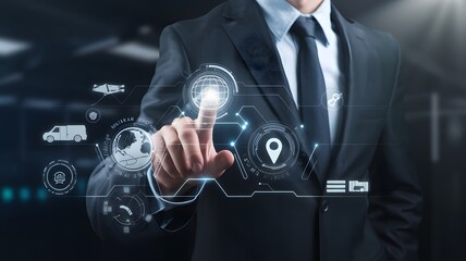 Businessman Using Futuristic Interface Technology Digital Global Network Modern Businessman Working on a Digital Interface Global Network Connection Technology Business Concept Innovative Technology  