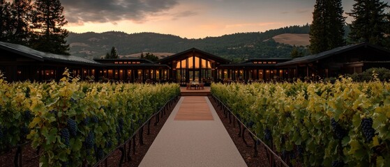 Fototapeta premium Vineyard Pathway Leads to Winery at Sunset