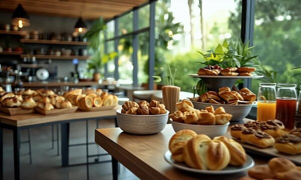 Abundant bakery breakfast buffet in green cafe