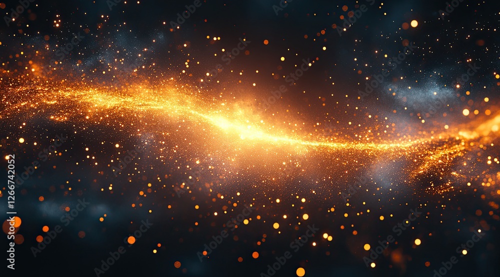 Poster abstract background with golden sparks and particles, dark background with glowing energy lines, cre
