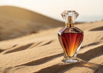 Luxurious perfume bottle resting on the desert sand.