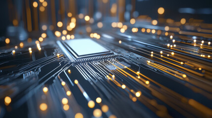 High tech circuit board with glowing connections and microchip details