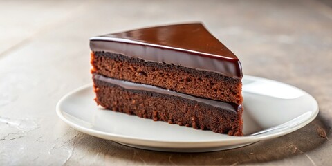 A delectable slice of rich chocolate layer cake, elegantly presented on a pristine white plate, showcases a glossy chocolate ganache and moist layers of sponge cake.