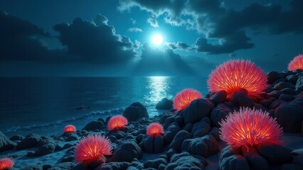 Glowing bleached coral on a rocky shoreline under moonlight with a full moon	