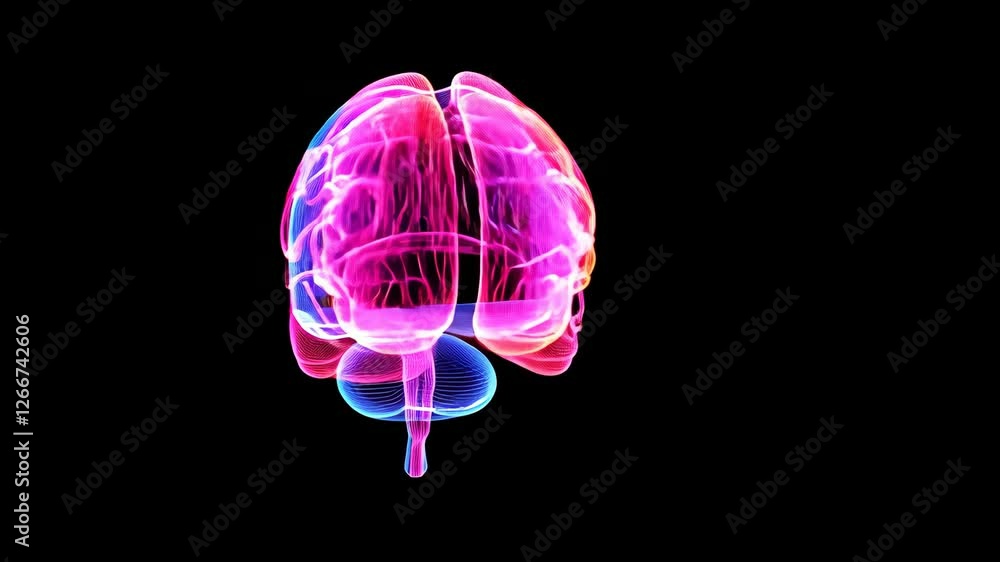 Poster vibrant, multicolored digital illustration of human brain on black background showcasing intricate n