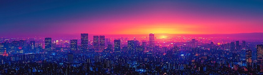 Fototapeta premium A hyper-realistic city skyline at twilight, blending infrared film photography with digital double exposure, surreal yet authentic, deep contrast, striking colors, dreamlike ambiance
