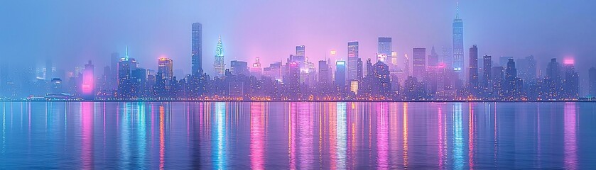 Fototapeta premium A hyper-realistic city skyline at twilight, blending infrared film photography with digital double exposure, surreal yet authentic, deep contrast, striking colors, dreamlike ambiance