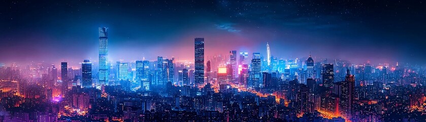 Fototapeta premium A hyper-realistic city skyline at twilight, blending infrared film photography with digital double exposure, surreal yet authentic, deep contrast, striking colors, dreamlike ambiance