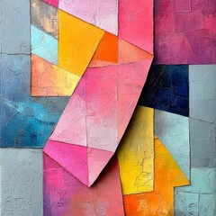 Obraz premium Abstract geometric art with vibrant colors and textured layers creating a modern artistic expression of shapes and hues in a captivating composition