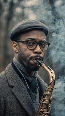 A cinematic portrait of a jazz musician, classic sepia-toned film style mixed with digital smoke and neon highlights, vintage nostalgia meets modern vibrancy, storytelling mood