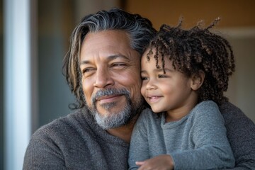 black man and a little girl hug each other. The man is wearing a black jacket, and the girl is wearing a gray sweater. The scene is warm and full of love. Dad and daughter have fun together.