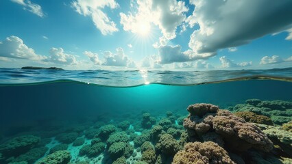 Fototapeta premium Split view of a bleached coral reef underwater and a tropical palm beach above 