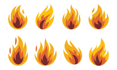 Flat Fire Flame Icon Vector Illustration Set – Burning Flames, Campfire, Bonfire on Isolated Background for Fire Hazard, Heat, and Energy Concepts