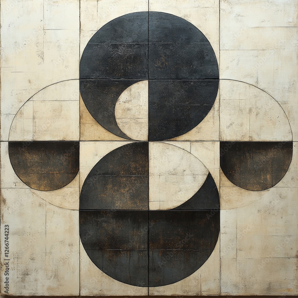 Wall mural Abstract geometric artwork featuring circles and shapes in black and white on a textured background with a modern aesthetic