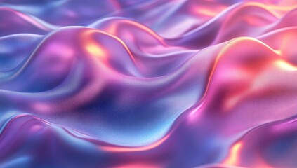 Obraz premium Abstract, vibrant, wavy, iridescent fabric texture with shimmering, bright, pink, purple, and orange hues. A light, dotted pattern is evident within the curves