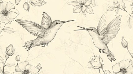 Naklejka premium Two hummingbirds in flight, roses, garden, nature, spring illustration