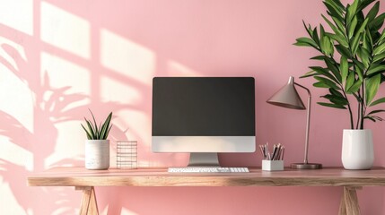 Fototapeta premium Aesthetic Home Office Setup: Minimalist Desk with Computer, Plants, and Soft Pink Walls