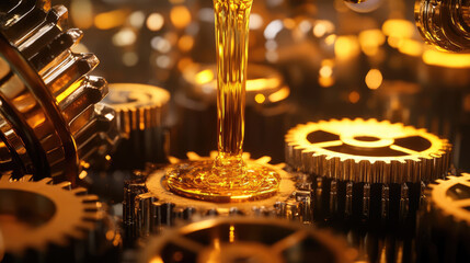 Close-up of golden machine oil pouring onto metal gears