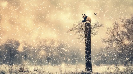 Obraz premium Panda in Winter Wonderland: A Solitary Giant Panda Sitting Atop a Snowy Tree Stump in a Serene Winter Landscape