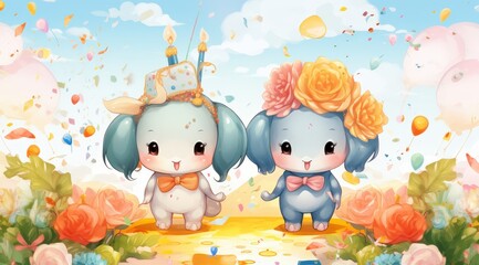 Fototapeta premium Cute animals celebrate a birthday with cake and balloons. Possible for birthday card use