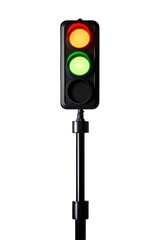 Isolated Illuminated Traffic Light with All Three Lights: Red, Amber, and Green