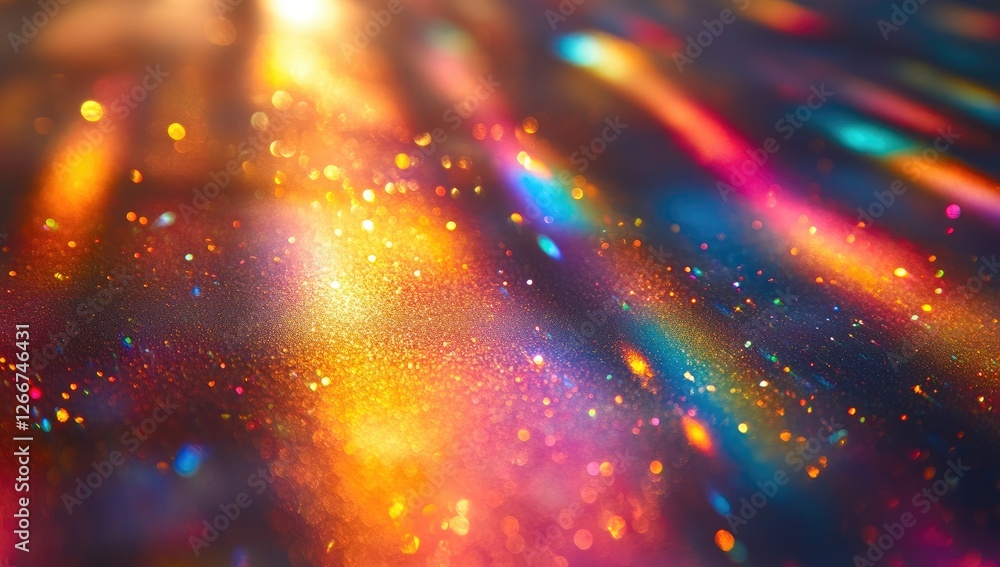 Poster abstract background with vibrant multicolored glitter and light streaks, creating a dynamic and fest