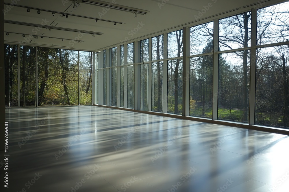 Poster sunlight streams through large windows into modern room, illuminating polished floor, creating seren
