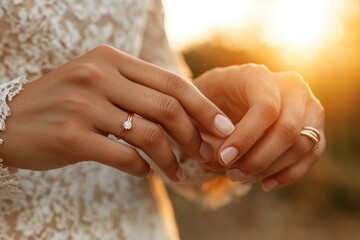 wedding ceremony, a couple holding hands, and a woman has an engagement ring on her finger. The concept of love and devotion between two people. the wedding.