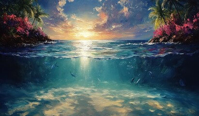 Tropical Island Coral Reef Underwater Split View Vibrant Ocean Paradise