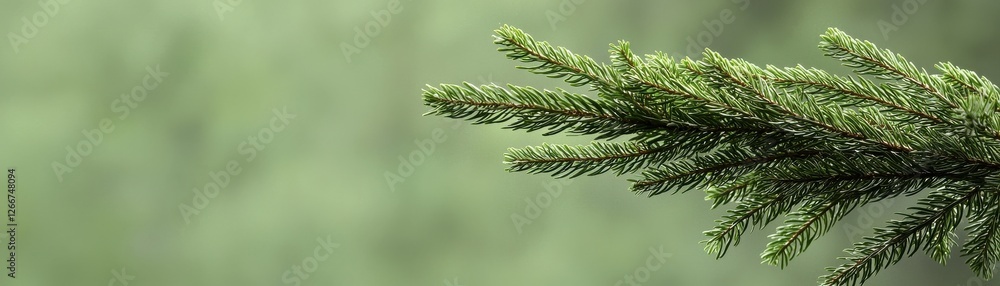 Poster close-up view of green pine branch with soft focus background in nature