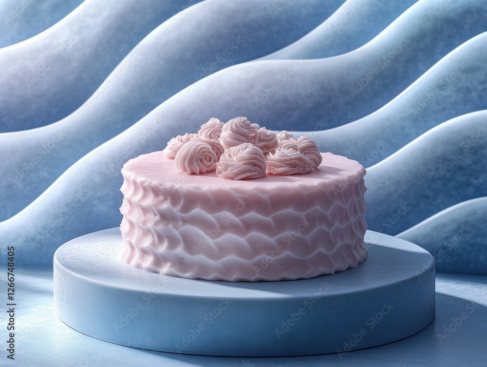 Poster minimalist circular cake display on light blue pedestal with soft lighting and concentric lines back