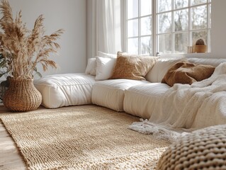 Scandinavian Living Room Interior with White Sofa and Textured Cushions in Cozy Design