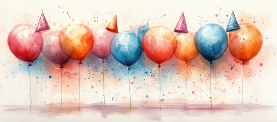Colorful Watercolor Balloons and Party Hats for Celebrations and Invitations