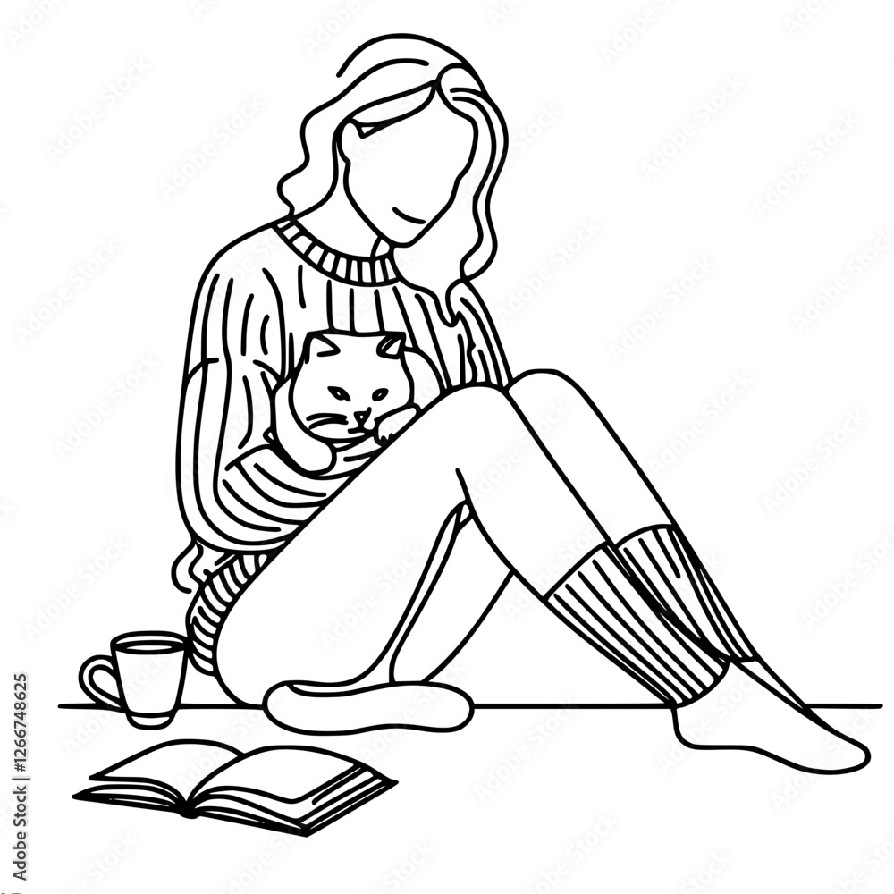 Poster linear vector contour simple drawing of a girl holding a cat on her lap, next to an open book and a 