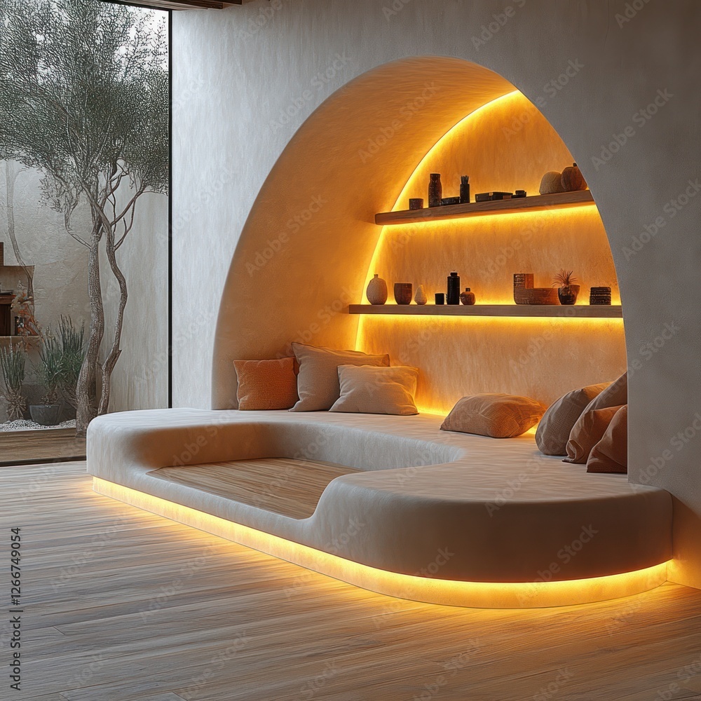 Poster minimalist display podium with arched opening soft diffused lighting pastel color scandinavian desig