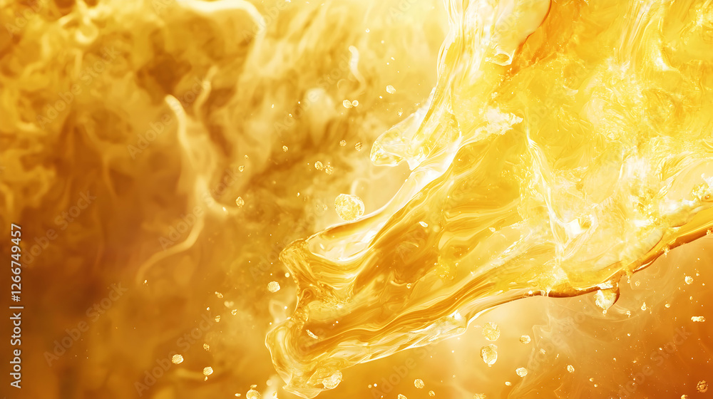 Poster golden liquid splashing with bubbles abstract background image close up